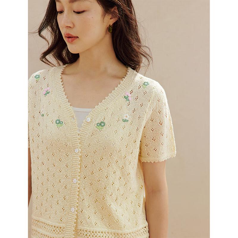 INMAN Women's French V-Neck Embroidered Knit Cardigan