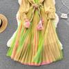 Fashion Bohe Women Mesh Party Long Dress V Neck Long Sleeves Gradient Lace Up A Line Sundress Pleated Maxi Dress