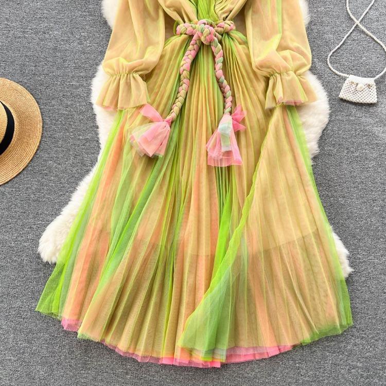 Fashion Bohe Women Mesh Party Long Dress V Neck Long Sleeves Gradient Lace Up A Line Sundress Pleated Maxi Dress