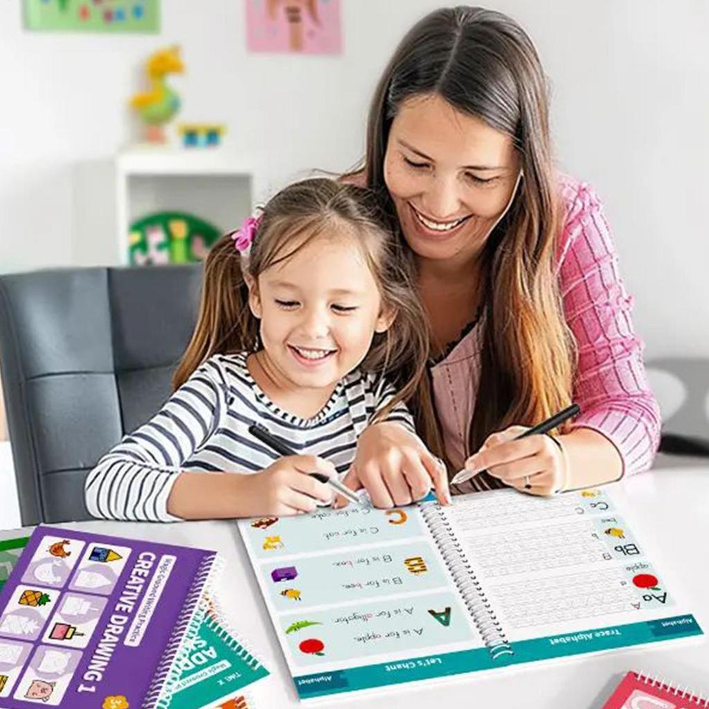 Reusable Grooved Handwriting Practice Book Learn to Write with Pen Grips Magic Copybook for Kids, Toddler Kindergarten
