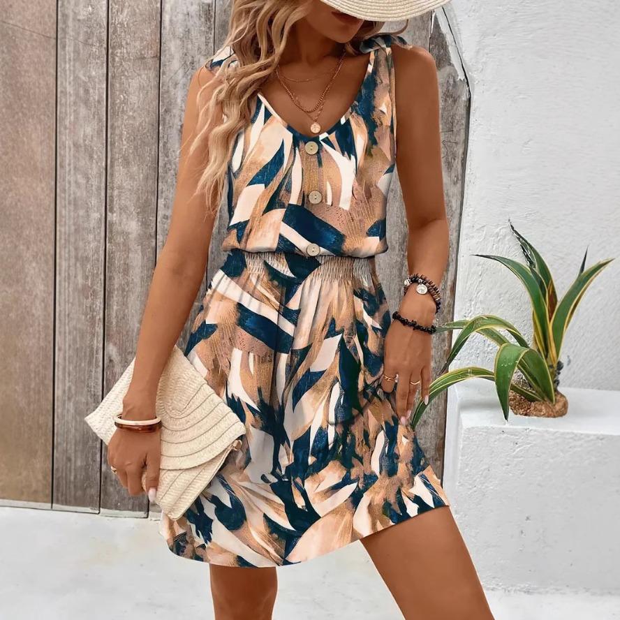 YYFS Women's Fashion Summer Spring Colour Block Print Sleeveless V-Neck High Waist Casual Dresses