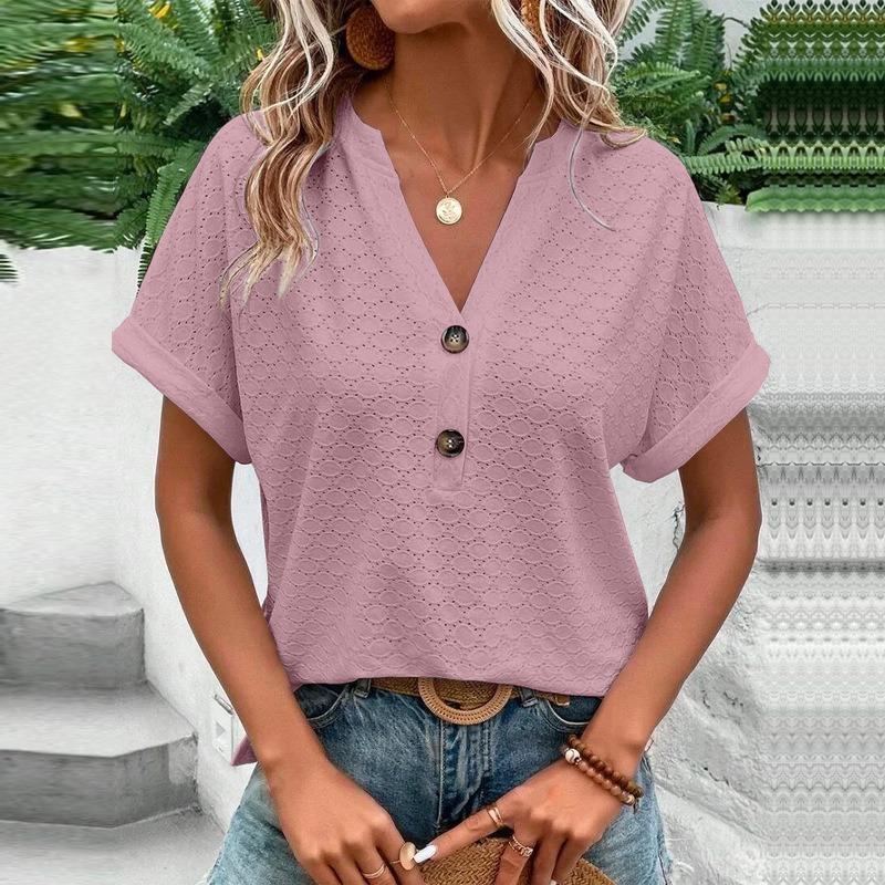 Women Fashion Casual Solid Color Button V Neck Short Sleeve T Shirt