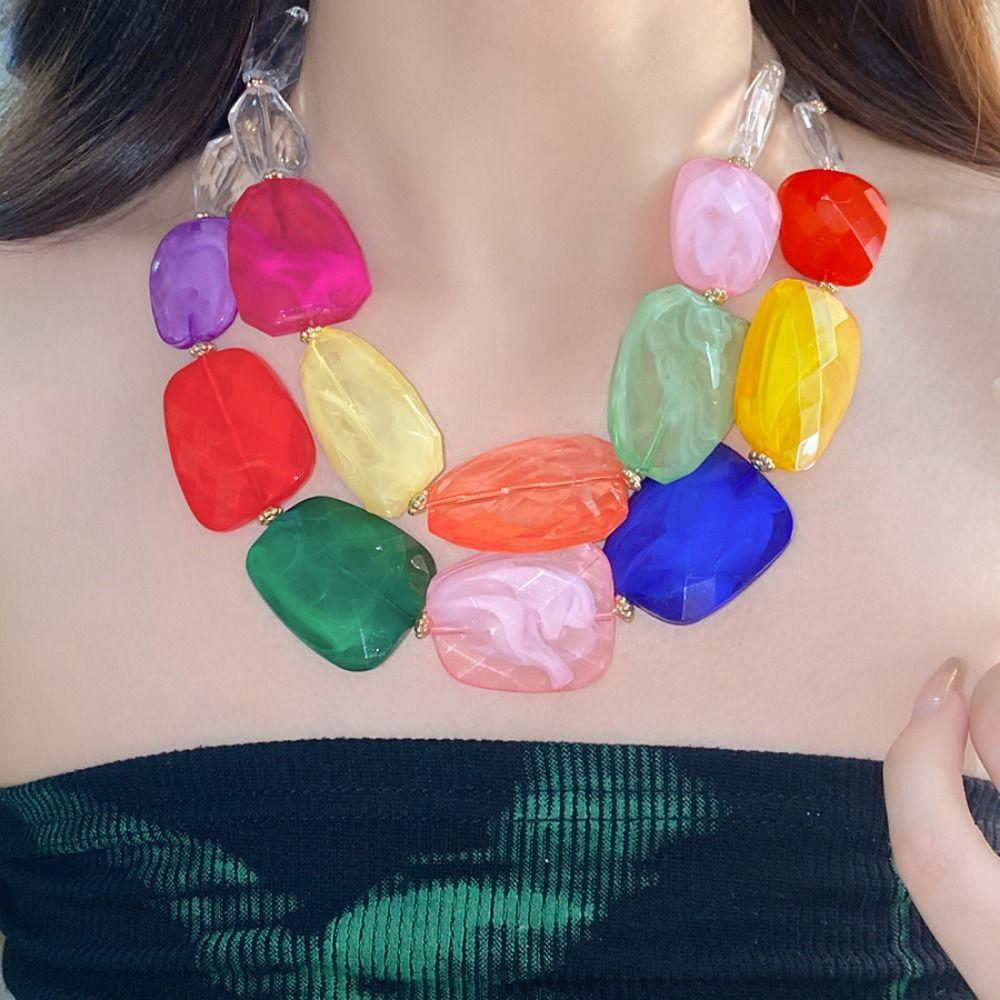 Irregular Acrylic Beaded Double-layer Necklace Exaggerated Clavicle Chain Beaded Necklace  Gift