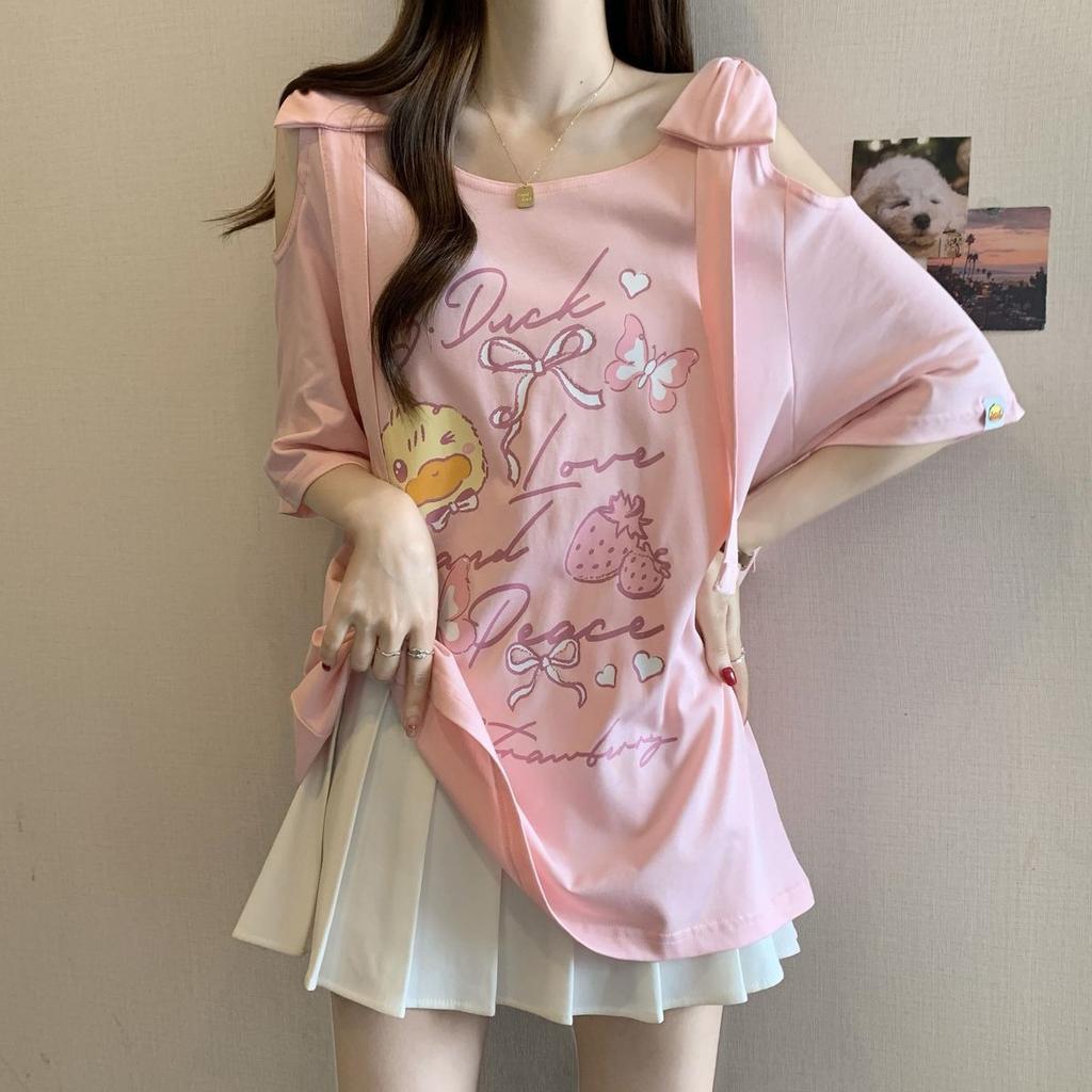 Large size bow off-the-shoulder splicing short-sleeved t-shirt women's summer new loose and versatile and thin meat-covering short top