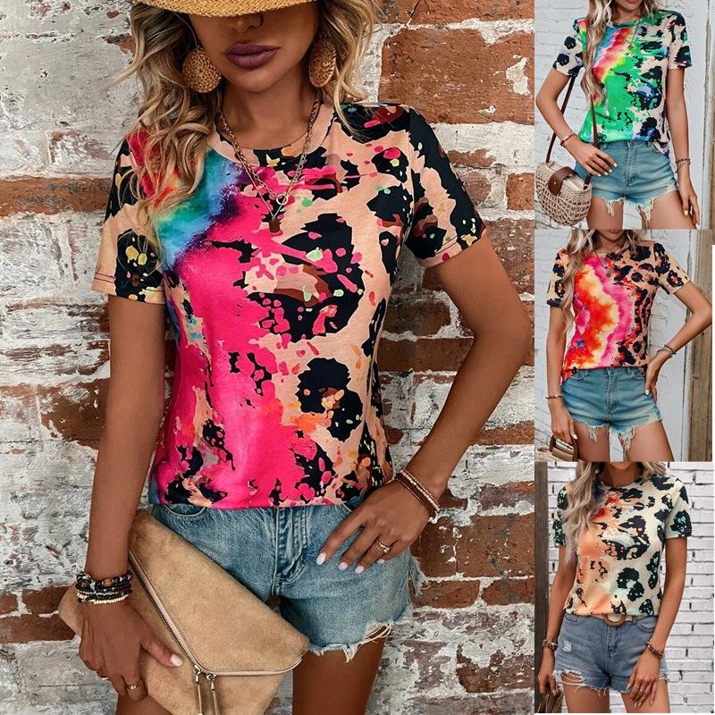 2023 Summer New Fashion Colored Print Flower Short Sleeve Slim Fit Top T-shirt Women's Trend
