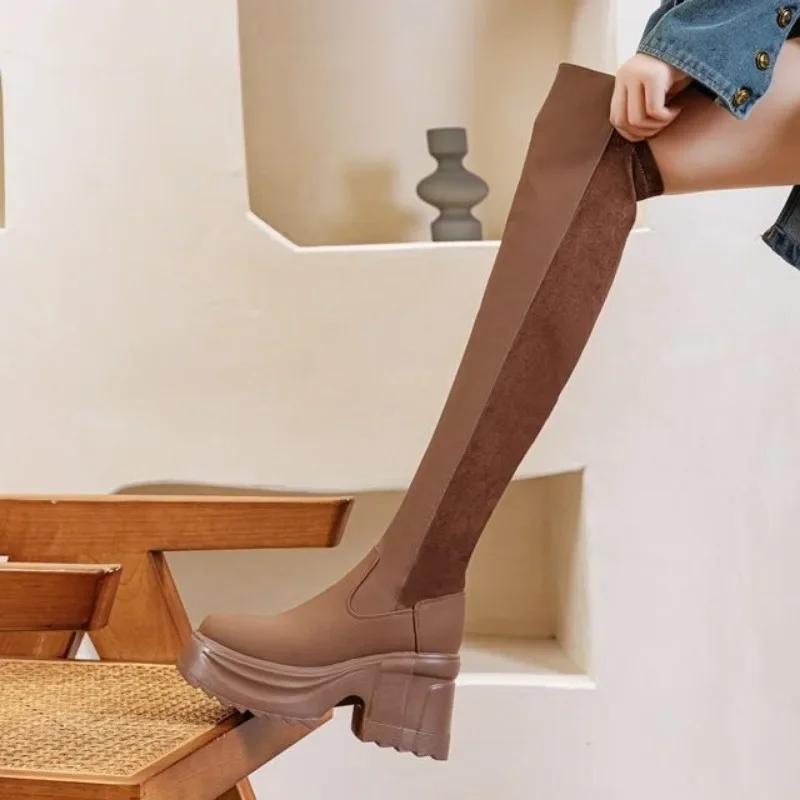 Fashion 10CM Synthetic Cloth Streth Fabric Women Platform Wedge Fashion British Spring Boots Knee High Boots Leather Autumn Shoes