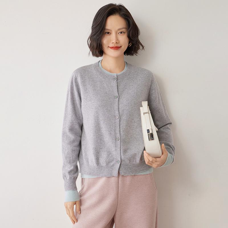 Round Neck Cashmere Two-Piece Women's Cardigan - Color Block Korean Style Loose Sweater.