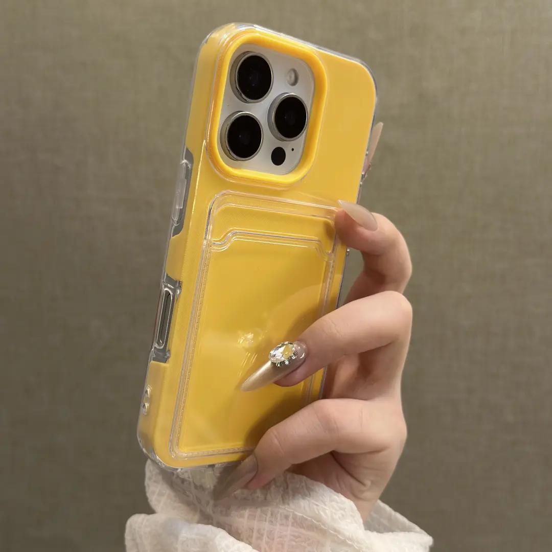 

Роскошный прозрачный чехол-держатель для карт для iPhone 17 Air 16 Promax 15 Plus 14 11 13 12 Pro Max Кошелек 2 в 1 Мягкий защитный противоударный чехол-конфетка iPhone 17 Pro жёлтый