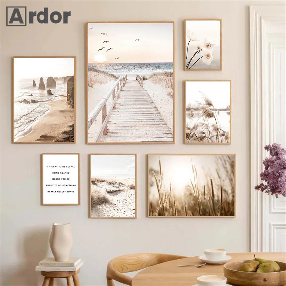 Beige Landscape Posters Sea Beach Bridge Canvas Picture Hay Reed Wall Art Flower Print Painting Nordic Poster Living Room Decor