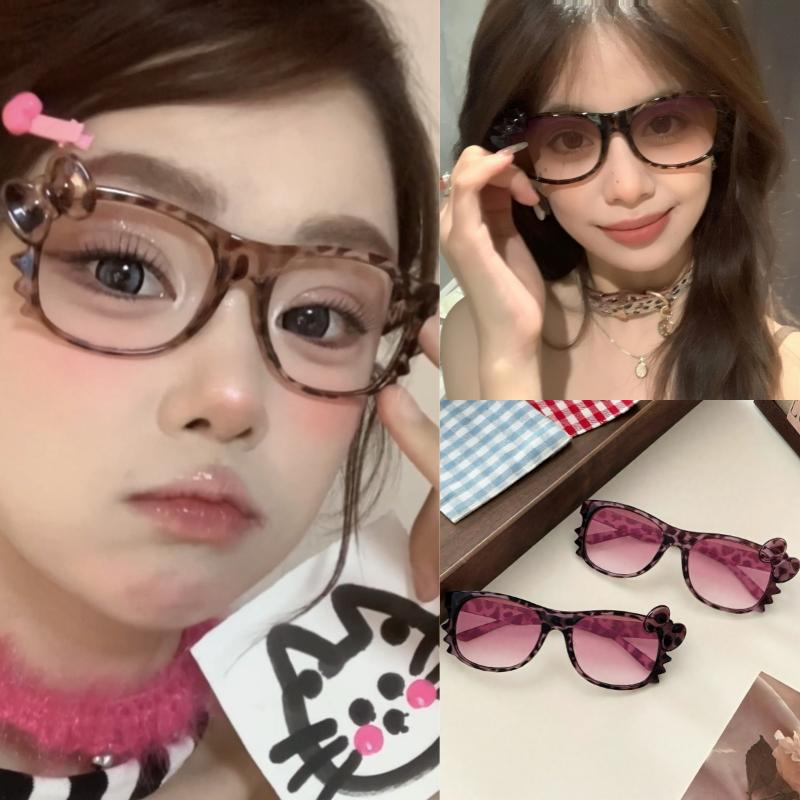 Kawaii Hello Kitty Leopard Print Eyeglass Frame Y2K Retro Eyewear Decoration Unisex Anime Costume Props Reading Decor Gift