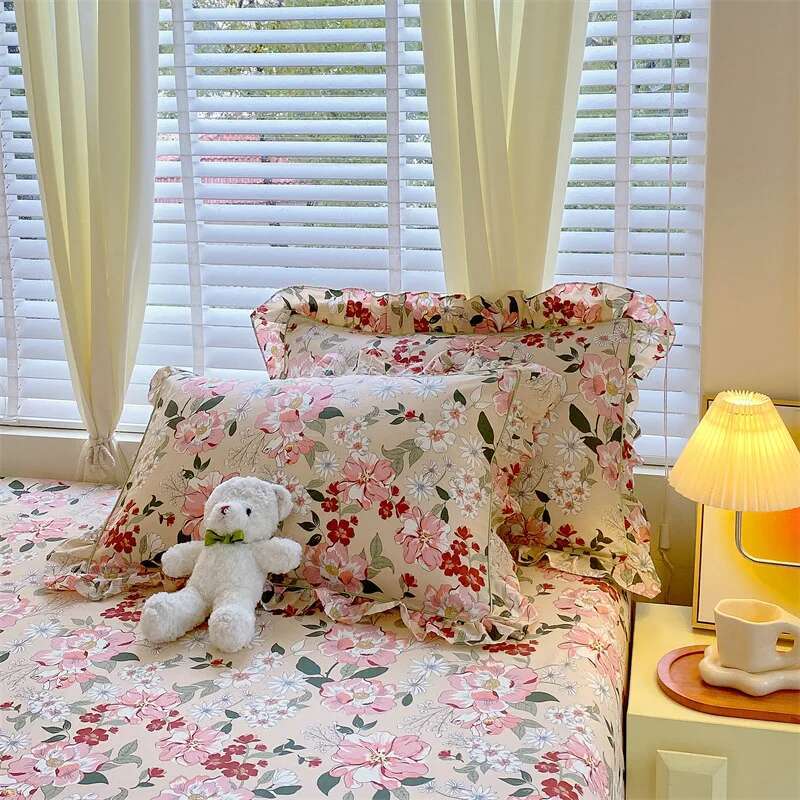 Solstice Floral Pillowcase Set - 2pcs 100% Cotton Ruffled Fundas de Almohada, Cushion Cover