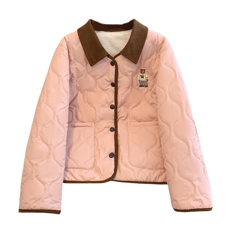 Retro bawełniana kurtka z haftowanym misiem, kontrastowe kolory, obszyte krawędzie, dla mężczyzn i kobiet, moda zimowa, pikowana w romby, luźna, gruba, z kołnierzem