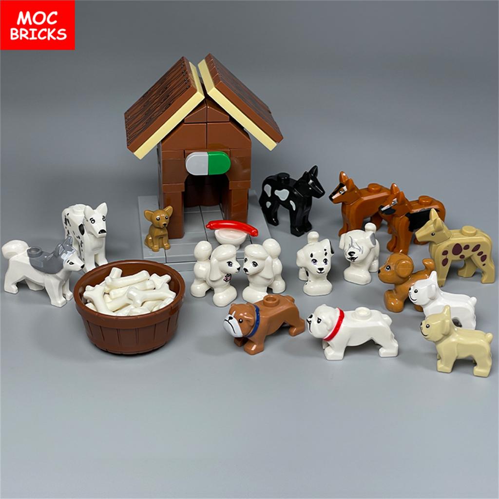 MOC Bricks Little Dog Series French Bulldog Husky Poodle Kennel Assembled Building Blocks Children's Toys Plastic Doll
