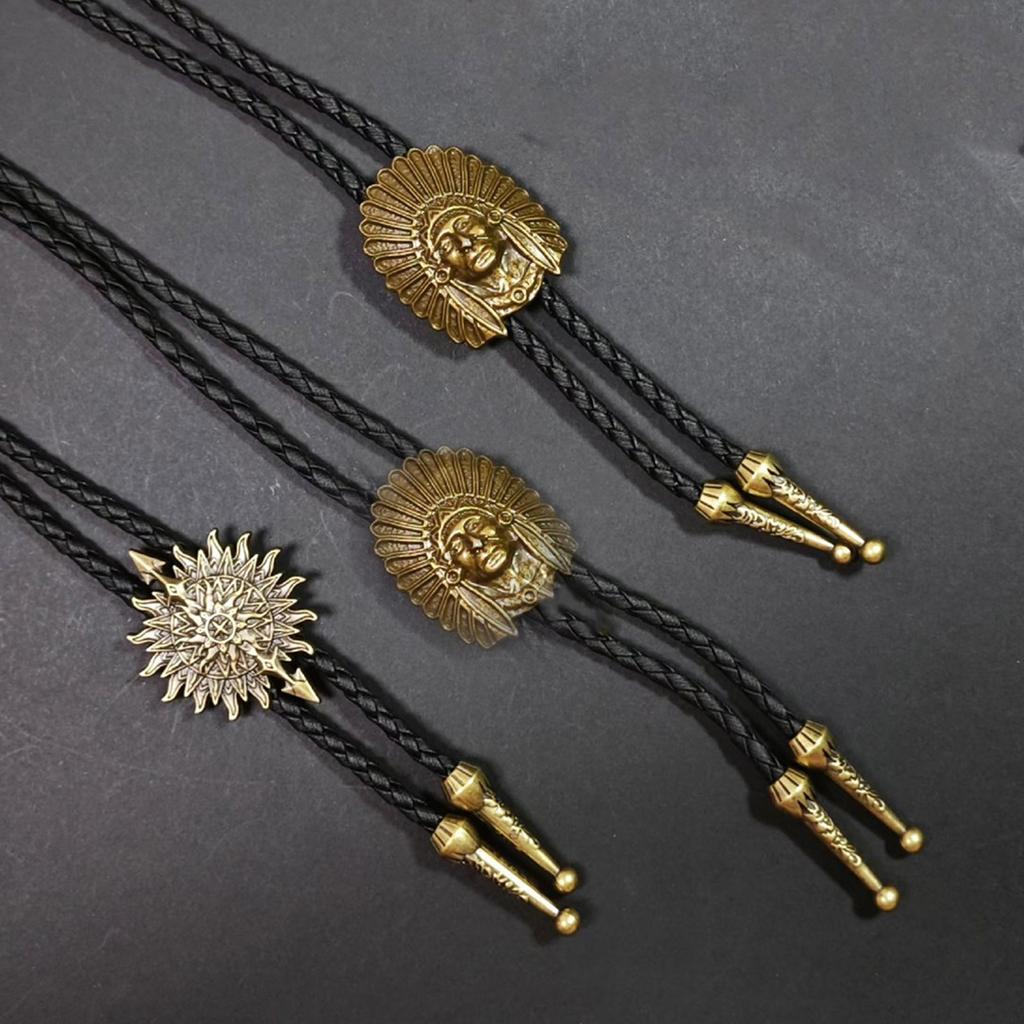 Vintage Metal Pendant Bolo Tie Cowboy Costume Accessory for Men Western Rodeos Necktie Necklace with Faux Leather Cord