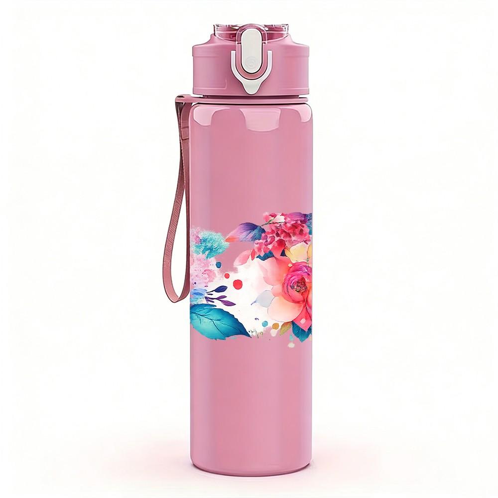1PC Boho Mixed Flower Bouquet Print 750ml Color Plastic Sports Water Bottle Leakproof Flip Straw Lid Suitable for Sports Office Home Use