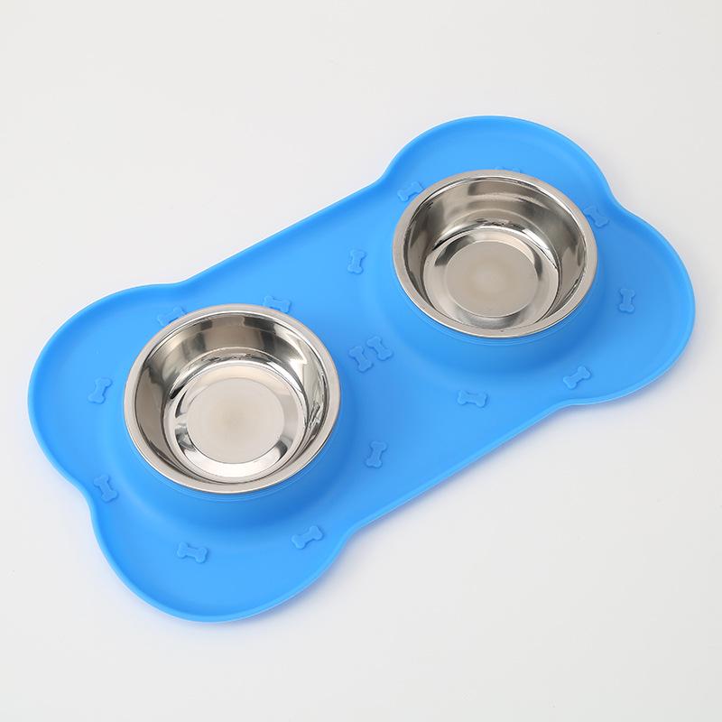 Bone-Shaped Non-Slip Silicone & Stainless Steel Dog Feeding Bowl - Food Grade, Anti-Spill Double Bowl for Pets