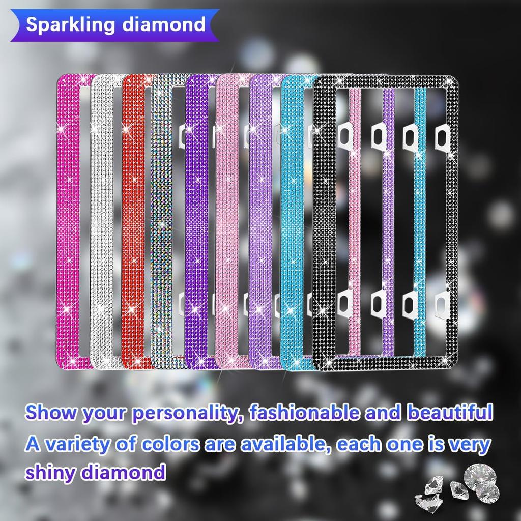 2PCS Bling Car License Plate Frame, Stainless Steel Rhinestone Vehicle License Plate Cover with Screws Caps, Sparkly Automotive Decoration