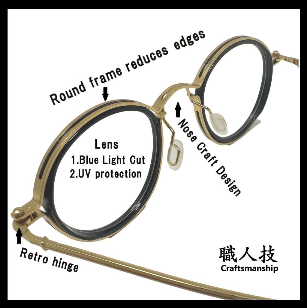 Retro Round Blue Light Blocking UV Handcrafted Design Celebrity Intellectual BRAND3 [REONAS] Glasses, + Protection, Glasses, Style, Look, (Gold BK)