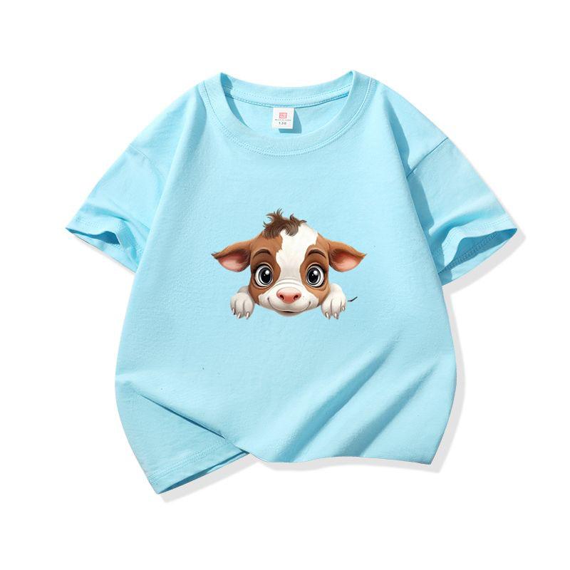 Kids Cotton T Shirt Light Brown Baby Cow Peeking Print Crew Neck Short Sleeve Tee Casual Boys Girls Summer Tops