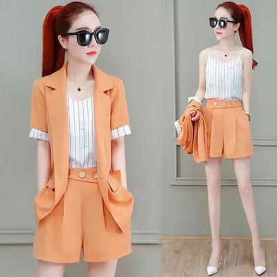 Sommeranzug für Damen, Temperament, Pendler, kurzärmeliges Oberteil + einfarbiges Design, Persönlichkeits-Shorts-Anzug