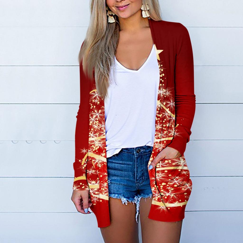 Damenmode, lässig, Weihnachtsdruck, mittellanger Cardigan-Jackenmantel