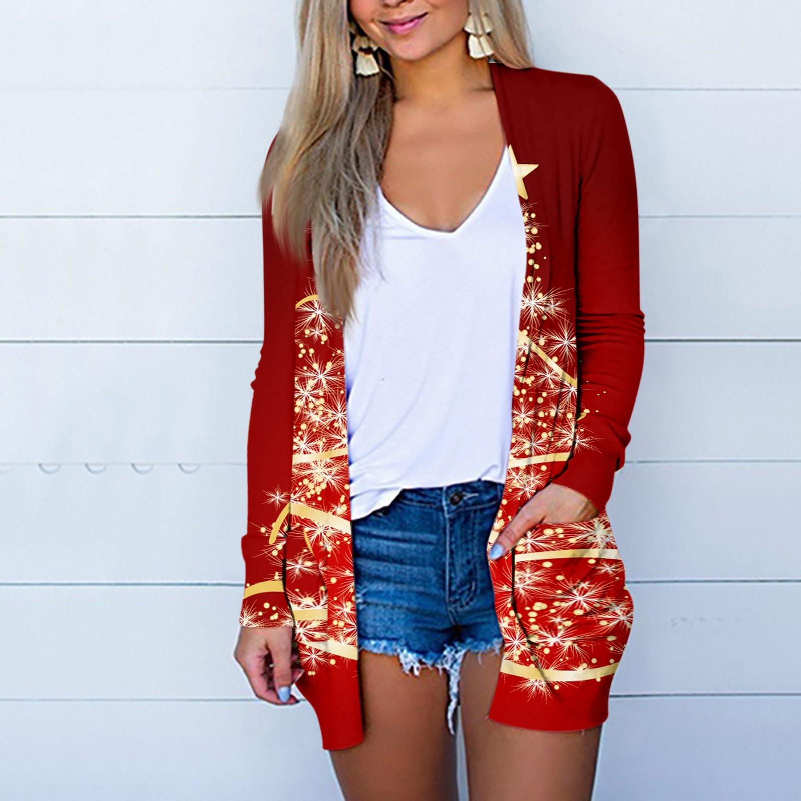 

Женская мода, повседневный рождественский принт, кардиган средней длины, куртка, пальто XXXL