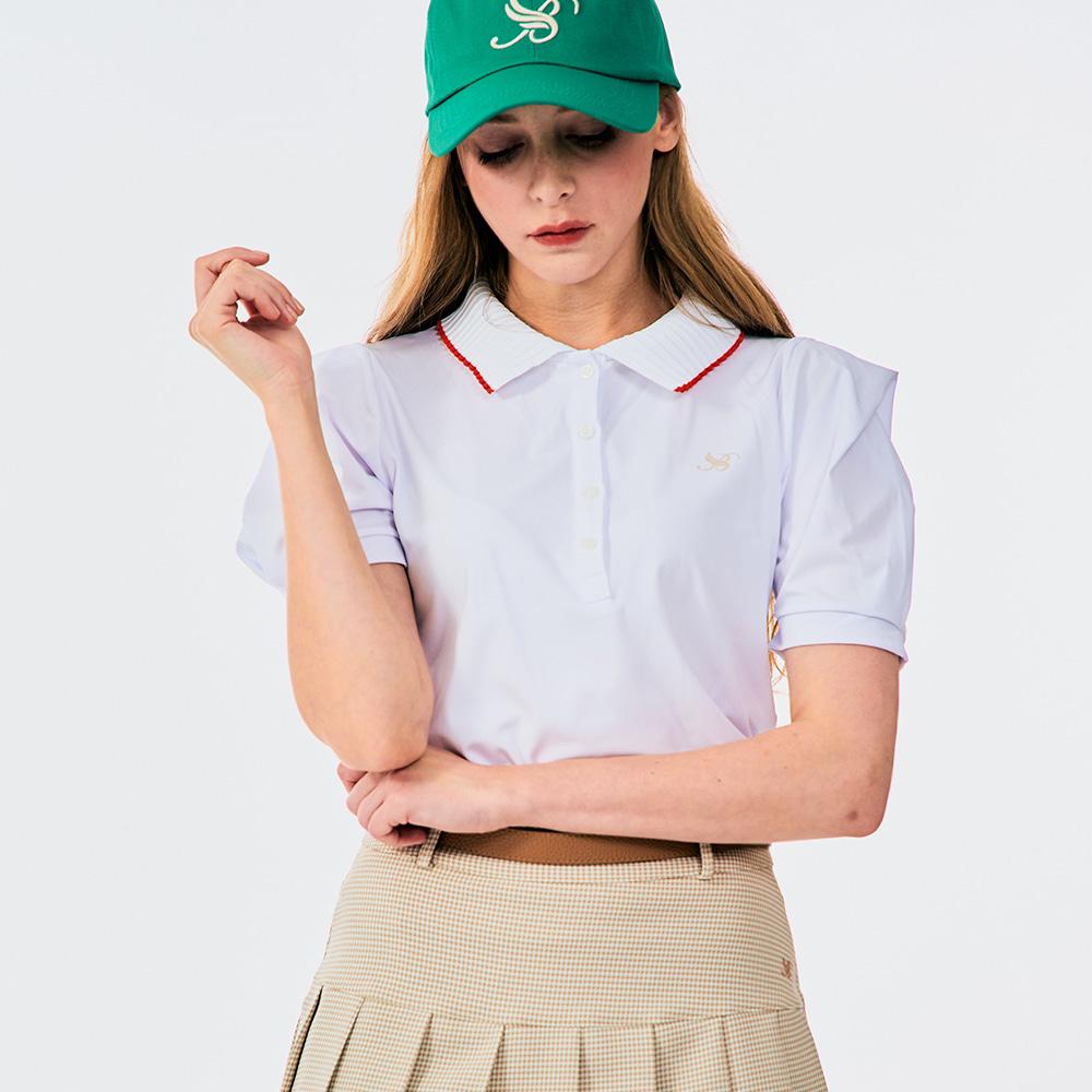 BENECIA12 Pleated Collar Puff Sleeve Tee White