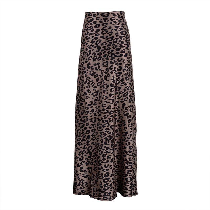 European and American Women Clothes Satin Drape Half-Length Long Dress Leopard Print Fishtail Skirt Floor-Length Dress Leopard Print Skirt