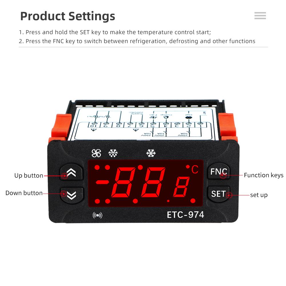 ETC-974 Controlador de Temperatura con Doble Sensor NTC Termorregulador para Refrigerador Descongelación Calefacción 220V
