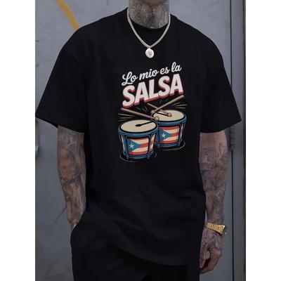 European Sizes Men's Black T-Shirt - Puerto Rican Flag Bongo Drums Graphic Print,Regular Fit Short Sleeve Round Neck for Salsa Music Fans, Printed T