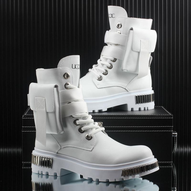 White Men's High-top Winter Velvet Warm British Medium Motorcycle Thick-soled Boots