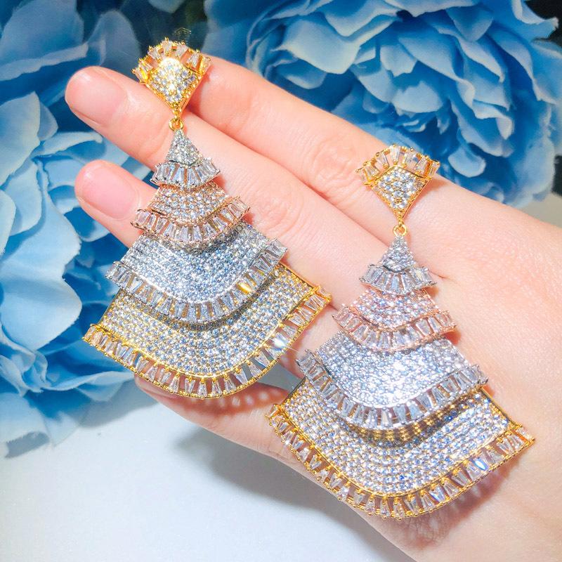 E0307 Middle East Personality Three-Color Full Diamond Zircon Earrings Needle Fan Earrings