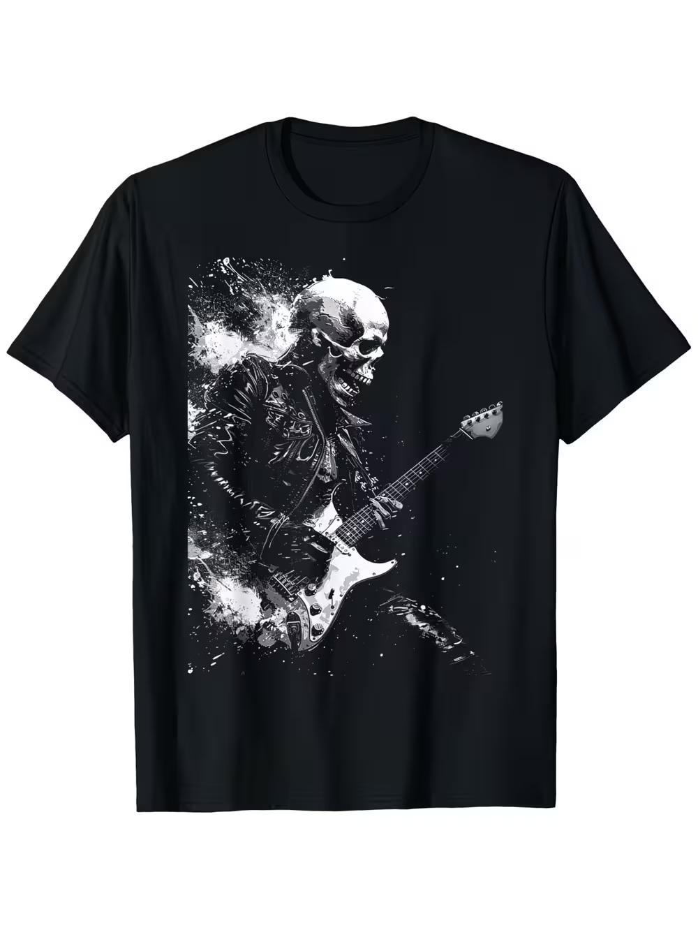Men S Rock Skeleton Guitarist Graphic T-Shirt | 100% Heavy Metal Band Tee with Rock Hand Gestures & Stage Performance Design XXL