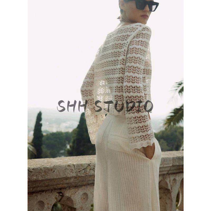 Summer New Product Women's Clothes Cut Out Decoration Elegant French Collar Long Sleeves Lightly Mature Knitwear 6771164