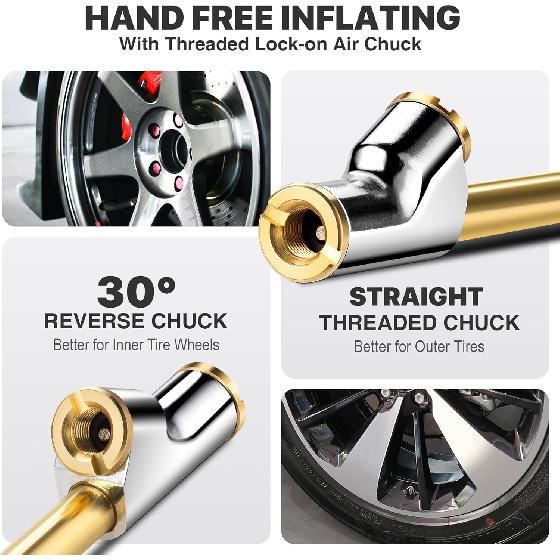 2 Pack 12" Extended Reach Dual Head Air Chuck, 2-Way Connection 1/4" FNPT Straight Foot Lock On Tire Inflate Chuck, Tire Chuck W/Quick Plug, Air