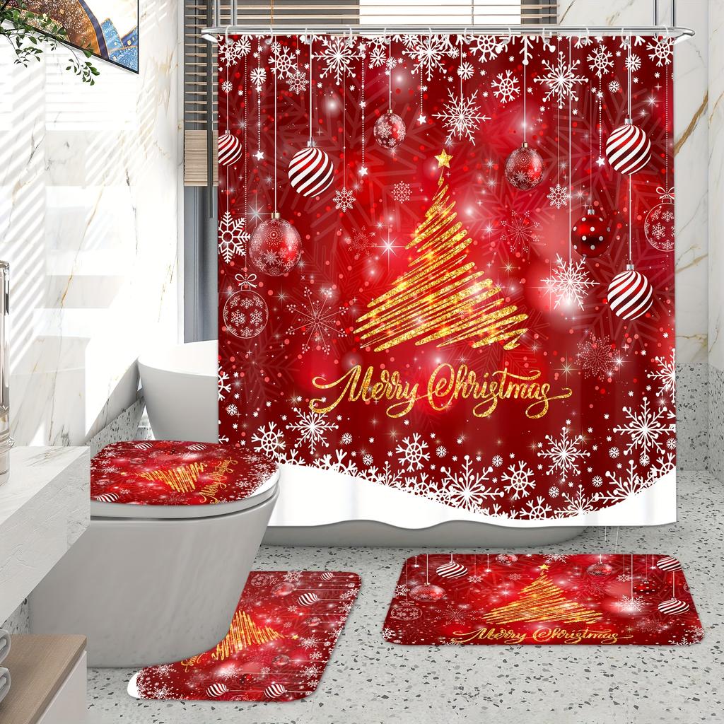 4Pcs Bathroom Shower Curtain Set Merry Christmas  Balls Xmas Pattern Bathroom Curtain With 12 Hooks Non Slip Rugs Toilet Cover Mat Bathroom Partition