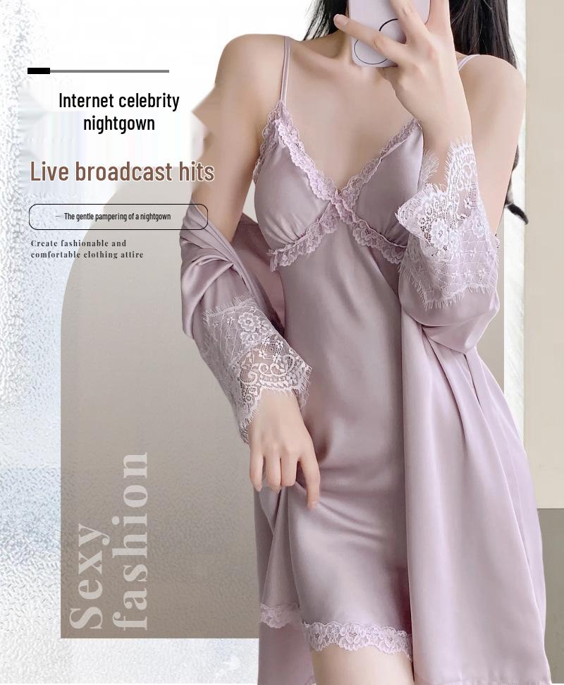 Summer Ice Silk Sexy Nightgown Set - Women’s Thin Suspender Dress with Beautiful Back Design