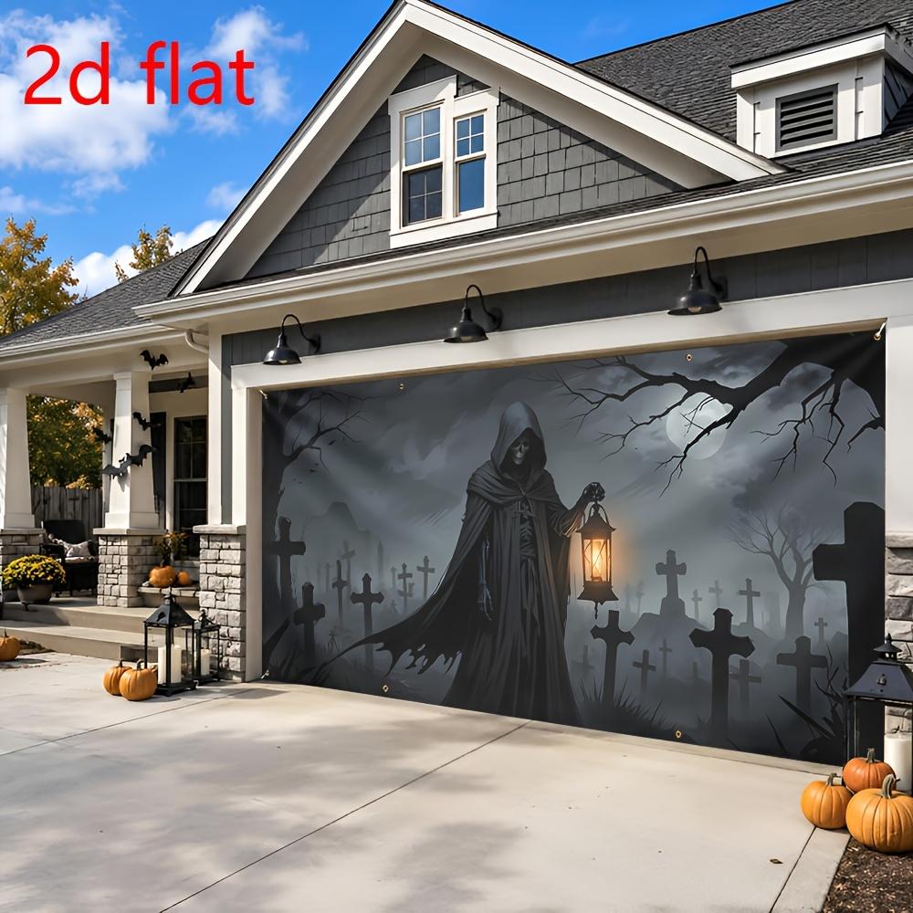 1pc 2D Flat ,Halloween Banner Lights Spooky Graveyard Skeleton Zombie Backdrop Outdoor Holiday Decor , 157*71in