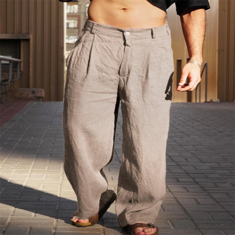 Men's Linen Pleated Wide-leg Pants for Spring and Summer with A Mid-rise Waist Breathable Jogger Pants Streetwear Men