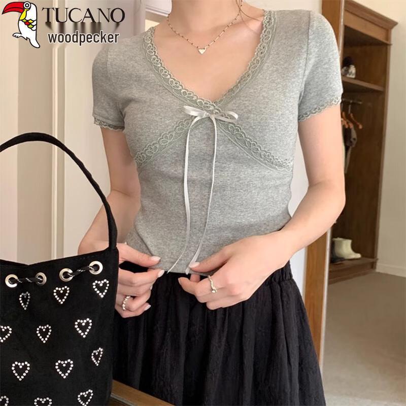 Woodpecker Women's Lace Trim V-Neck Short Sleeve T-Shirt with Bow