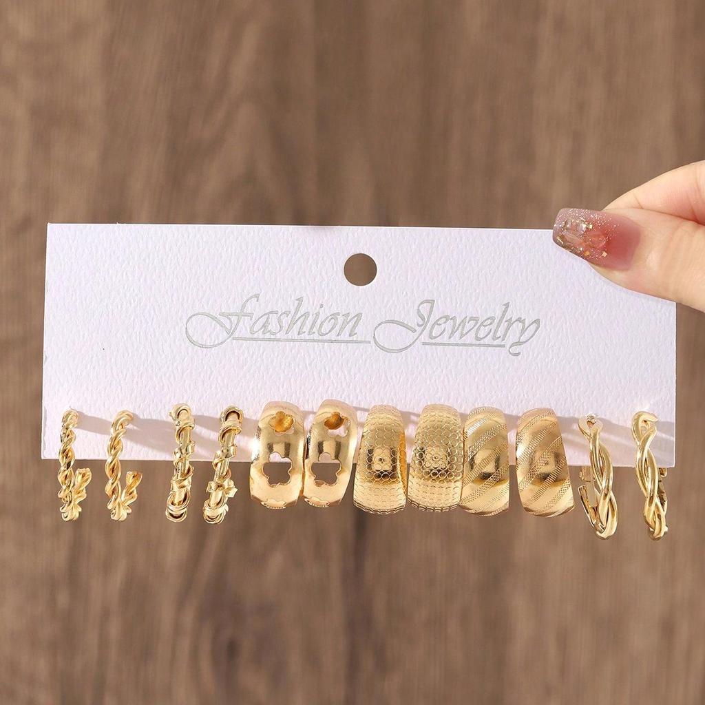 European & American C-Shaped Metal Texture Ear Cuff: Women's Retro Twist Earring Set (6-Piece).