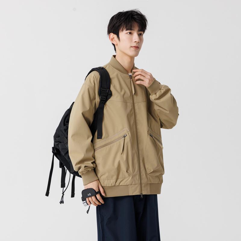 2025 Japanese Trendy Men's Retro Loose Stand Collar Bomber Jacket - Spring Casual Drop Shoulder Workwear Style.