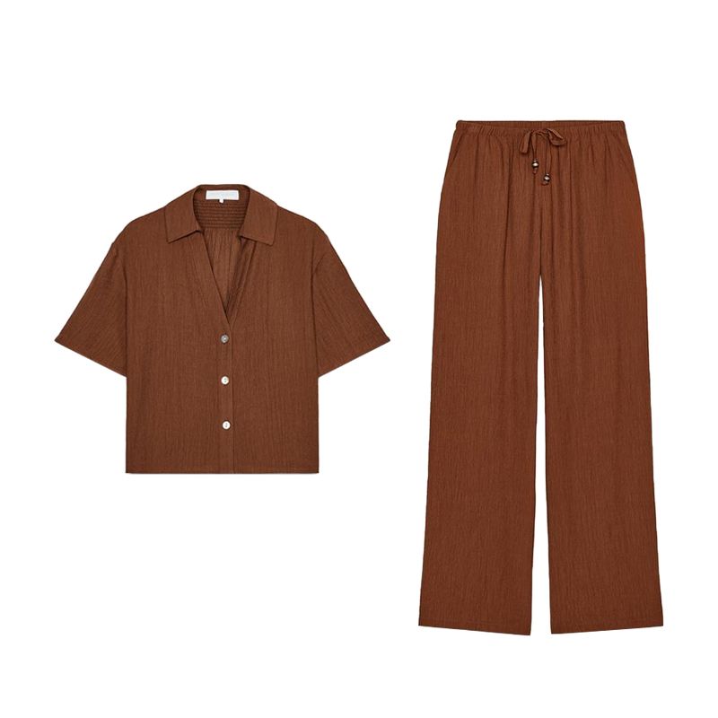 Honeycomb Plaid Short Sleeve Lapel Shirts 4387024 Series with Decoration Wide Leg High Waist Casual Trousers 4387022