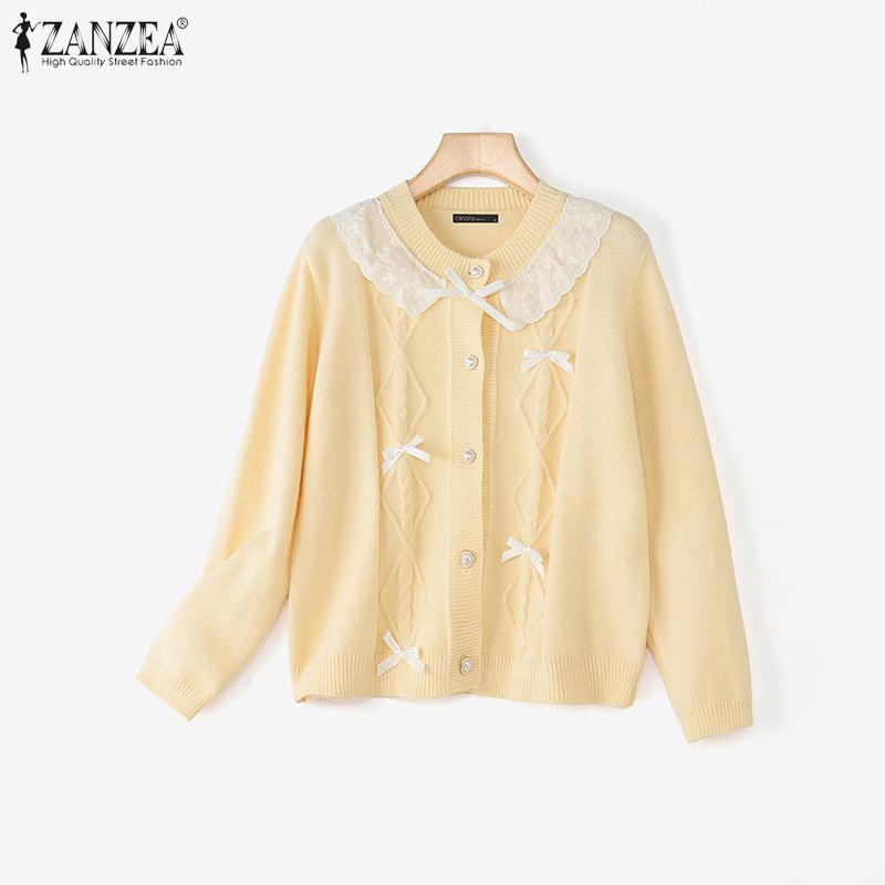 ZANZEA Oversized Women Long Sleeve Buttons Up Lace Casual Loose Knitted Sweaters Cardigan