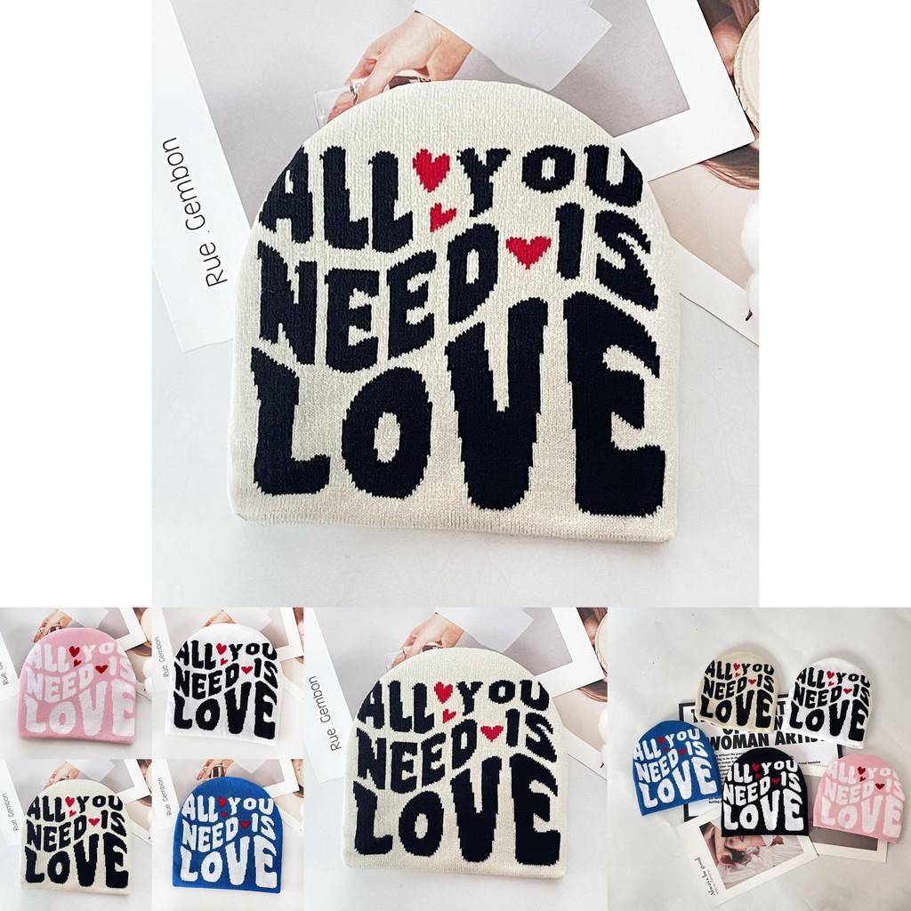 Simple Color Blocked Letter Heart Pattern Women Casual Warm Knitted Hat For Street Style Warmth