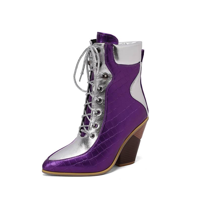 Krazing Pot Polyurethane Autumn Winter Shoes 47 Size 48 Super Size Wedges Pointed Toe Lace Up Serpentine Fashion Ankle Boots