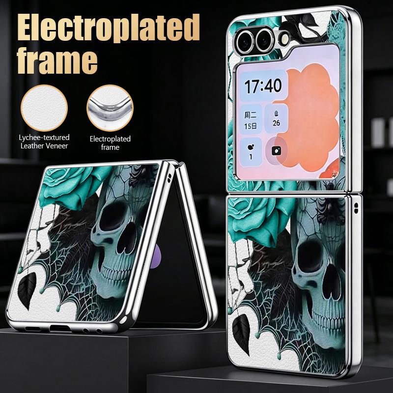 Punk Dark Aesthetic Skull Case For Samsung Z Flip 8 7 6 5 Luxury Plating Leather Skin Folding Phone Cover For Galaxy Z Flip8 Flip7 Flip6