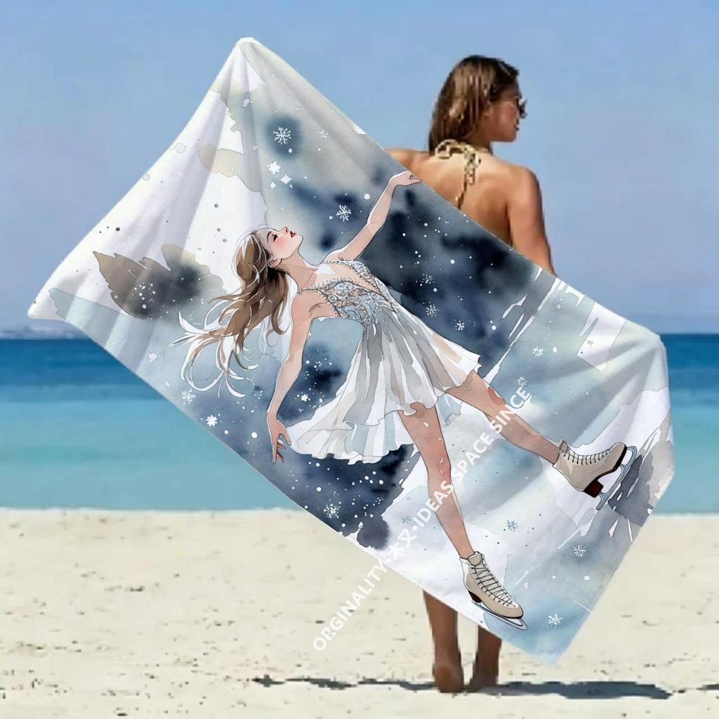 Watercolor Figure Skating Beach Towel Patterned Sunscreen And Windproof Suitable For Swimming Pool Camping Travel