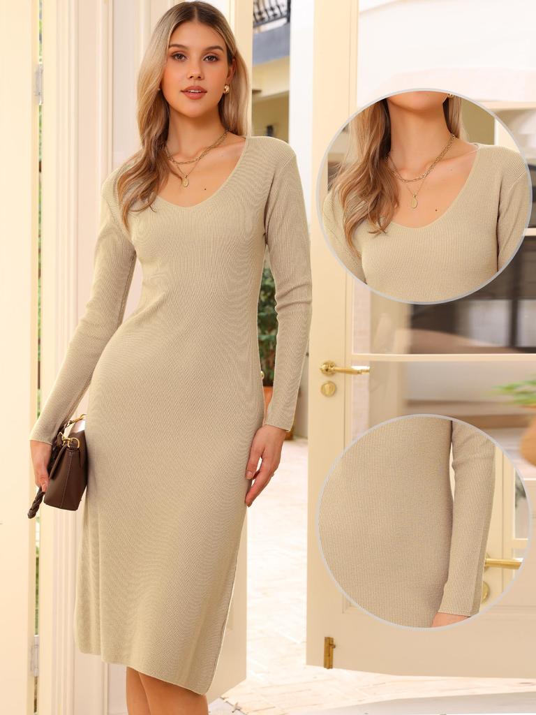 Allegra K Women's V-Neck Long Sleeve Ribbed Knit Midi Dress, Sweater Dress, Knee-Length, Solid Color, Slim Fit, Beige, Size M