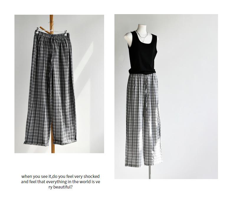 [Pure cotton style pants] Summer women s pants new pure cotton plaid thin straight wide-leg casual pants L ( 50-60kg )